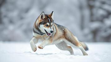 Energetic husky enjoying a playful run through fresh snow in a winter wonderland photo
