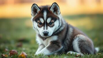 Playful husky puppy sitting on grass during golden hour with a curious expression photo