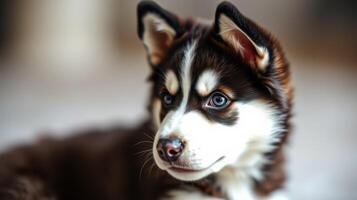 Cute Siberian husky puppy with blue eyes relaxing indoors during daylight hours photo