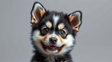 Cute black and white puppy with an expressive face posing against a light gray background during a studio photoshoot photo