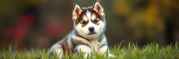 Cute husky puppy standing in green grass during daylight with a blurred background photo