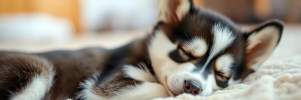 Sleepy puppy resting peacefully on a cozy carpet in a warm living room during the afternoon photo