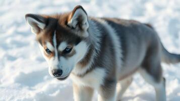 Winter exploration of a young husky pup playing in the soft snow, showcasing its playful nature and stunning fur patterns photo