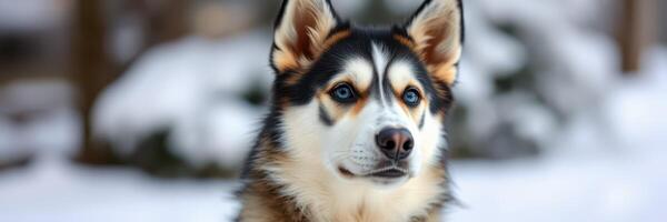 Beautiful dog in the snow enjoying the winter landscape in a serene outdoor setting surrounded by nature photo