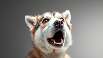 Excited dog with expressive face enjoying a playful moment indoors in soft light setting photo