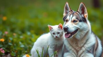 Friendly dog and cat sit together in a colorful garden during a sunny day photo
