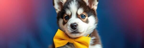 Cute puppy wearing a yellow bow tie poses against a colorful backdrop at an indoor event photo