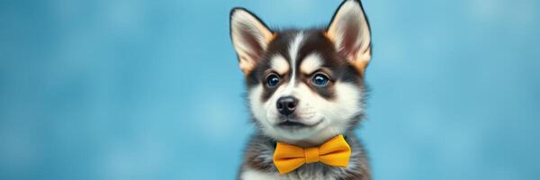 Cute puppy dressed in a yellow bow tie against a blue background, showcasing playful personality and charm photo