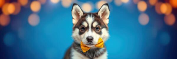 Adorable puppy wearing a yellow bow tie against a blurred festive background photo