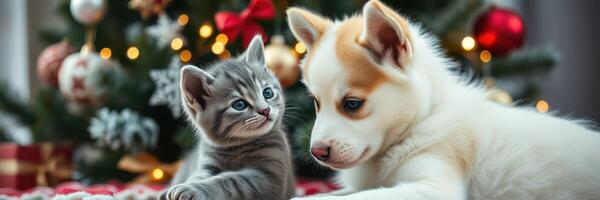Cute puppy and kitten playing together in front of a decorated Christmas tree during the holiday season photo