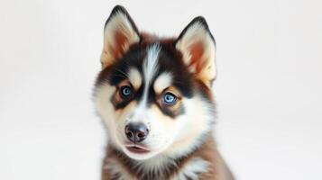 Adorable husky puppy with striking blue eyes and fluffy fur poses against a plain background photo