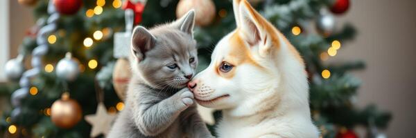 Cute kitten and playful puppy share a tender moment by the Christmas tree during the festive season photo