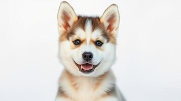 Happy puppy with fluffy fur sits against a light background enjoying playful moments photo