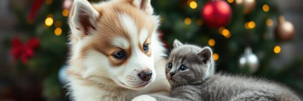 Cute puppy and kitten cuddling in front of a Christmas tree with festive decorations and lights during the holiday season photo