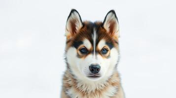 Playful husky puppy posing in a winter landscape with snow-covered background photo