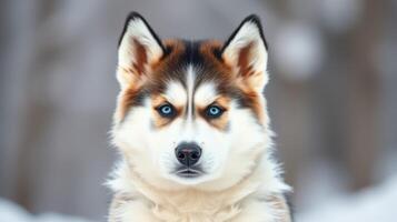 Beautiful husky with striking blue eyes posing in a winter landscape with soft snow surrounding it photo