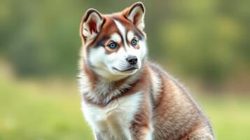 Beautiful young husky puppy sitting on grassy field during sunny day, showcasing striking blue eyes and fluffy coat photo