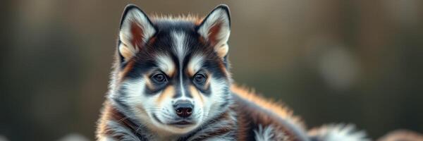 Cute husky puppy relaxing outdoors in soft sunlight on a warm afternoon photo