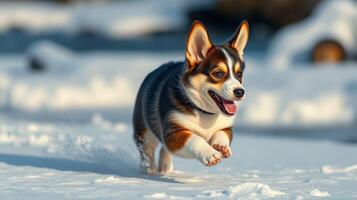 Happy corgi puppy running joyfully through fresh snow on a sunny winter day in a picturesque outdoor setting photo