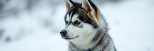 Siberian husky standing in snowy landscape during winter, gazing calmly into the distance photo