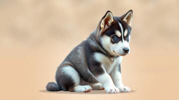 Cute husky puppy sitting on a soft background with captivating blue eyes and fluffy fur photo