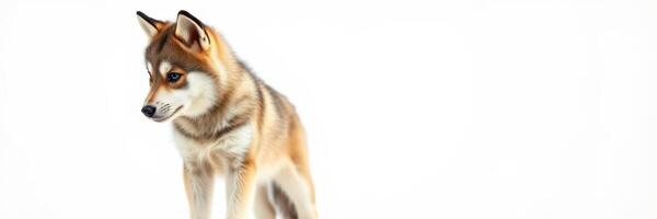 Fluffy dog stands attentively with a curious expression against a bright background in a studio setting photo