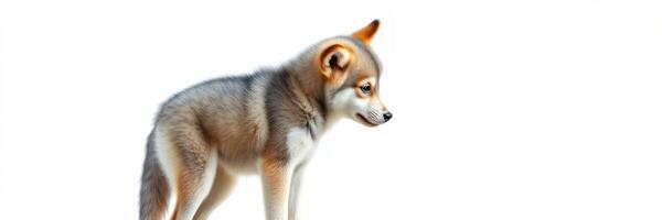 Cute and fluffy dog with orange highlights stands on bright background photo