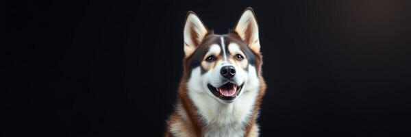 Happy husky dog sitting against dark background with joyful expression and attentive gaze in studio lighting photo