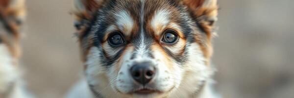 Cute puppies with striking eyes playfully engaging in a sunny outdoor setting photo