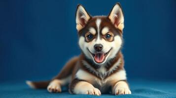 Happy husky puppy lying on blue fabric with a joyful expression and bright blue eyes photo
