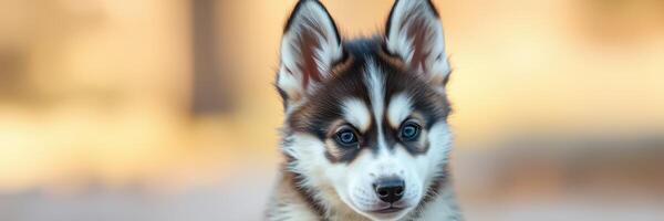 Cute husky puppy sits calmly in soft light, showcasing its playful personality and striking features outdoors in the afternoon photo