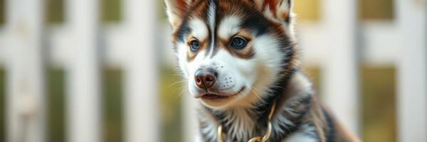 Playful husky puppy sitting outdoors with a captivating expression during golden hour photo