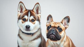 Two adorable dogs sit together, showcasing their unique breeds and charming expressions in a cozy indoor setting photo