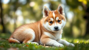 Cute energetic corgi puppy resting on green grass in a sunny park setting during the afternoon photo