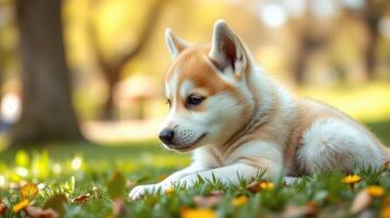 Cute young corgi puppy relaxing in sunny park surrounded by greenery and flowers photo