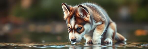 Cute puppy drinking from a pond while exploring nature in the afternoon sunlight with vibrant greenery in the background photo