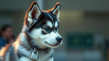 Husky puppy outdoors with focused gaze in late afternoon light showcasing adorable features and playful personality photo