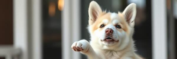 Happy dog reaching out to greet with a friendly expression at home on a sunny day photo