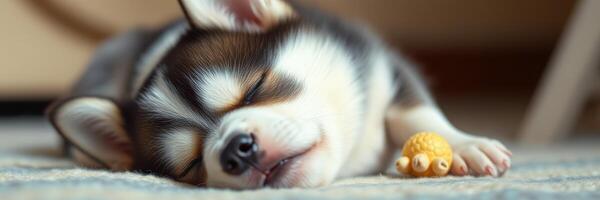 Sleeping corgi puppy rests peacefully on a cozy rug with a small toy beside it photo