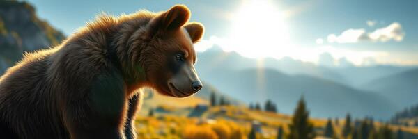 Bear resting on a rocky outcrop overlooking a vibrant mountain landscape during a serene sunset photo
