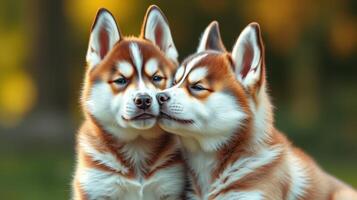Two adorable husky puppies snuggling in a sunny park during golden hour photo