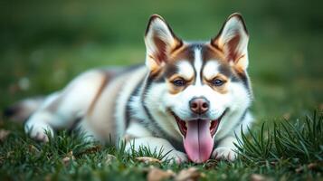 Playful dog enjoying a sunny day in a lush green park with vibrant grass and leaves around photo