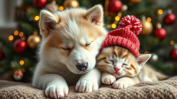 Cute puppy and kitten asleep together in holiday hats by a decorated Christmas tree photo