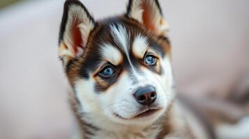 Cute husky puppy with striking blue eyes and unique fur pattern relaxing indoors in a cozy environment photo