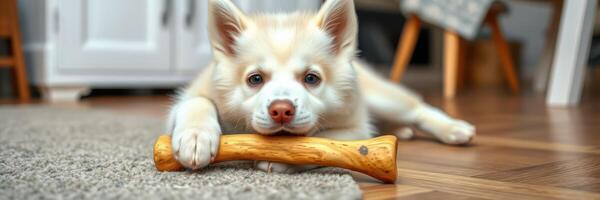 Adorable light-colored puppy relaxing indoors with a chew toy on a cozy rug in a well-lit living space photo