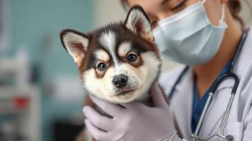 Veterinarian examines cute husky puppy in clinic during a routine check-up, observing health and vaccination status photo