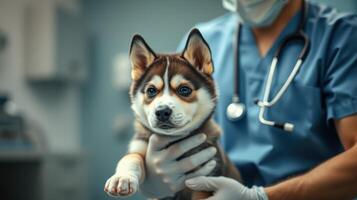 Veterinarian holding a young husky puppy during a routine check-up in a clinic setting photo