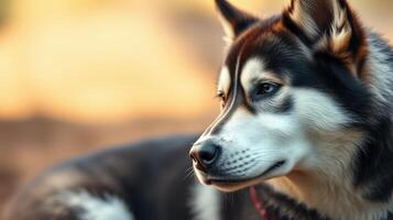 Beautiful husky dog resting in warm sunset light in a tranquil outdoor setting photo