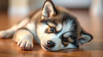 Cute husky puppy resting on wooden floor while looking curiously at the camera in a cozy indoor environment photo