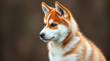 Adorable husky puppy sitting calmly against a soft background with playful expression and striking features photo